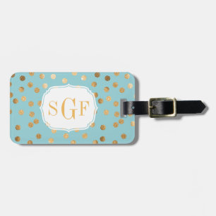 Turquoise Blue and Gold Glitter City Dots Monogram Luggage Tag