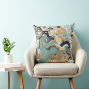 Turquoise, blue and gold Swirled marble Throw Pillow