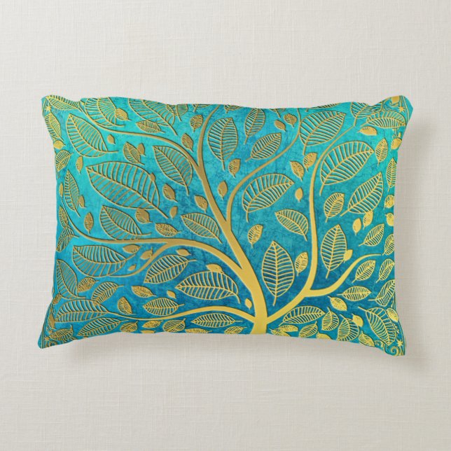 Turquoise Blue and Gold Tree Accent Pillow (Back)