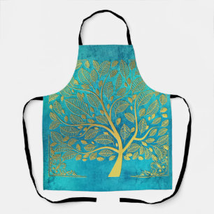 Turquoise Blue and Gold Tree  Apron