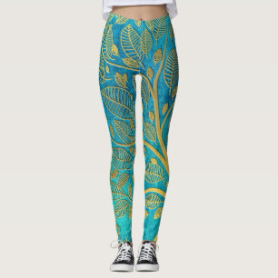 Turquoise Blue and Gold Tree Leggings