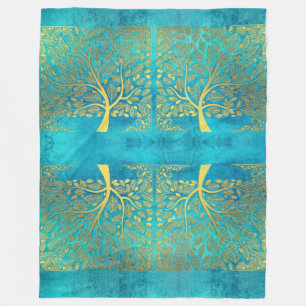 Turquoise Blue and Gold Tree Of Life Fleece Blanket