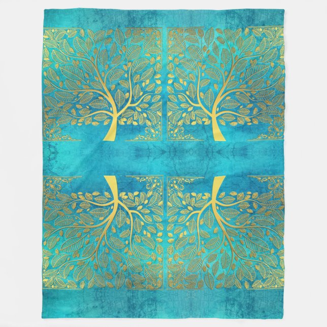 Turquoise Blue and Gold Tree Of Life Fleece Blanket (Front)