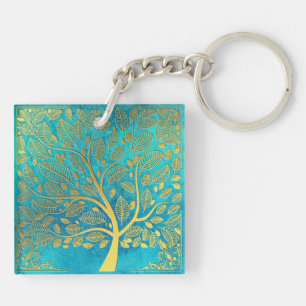 Turquoise Blue and Gold Tree Of Life Keychain