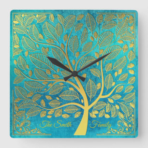Turquoise Blue and Gold Tree Of Life *Personalize* Square Wall Clock