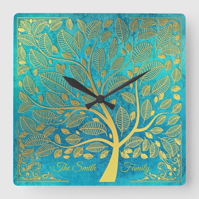 Turquoise Blue and Gold Tree Of Life *Personalize* Square Wall Clock (Front)