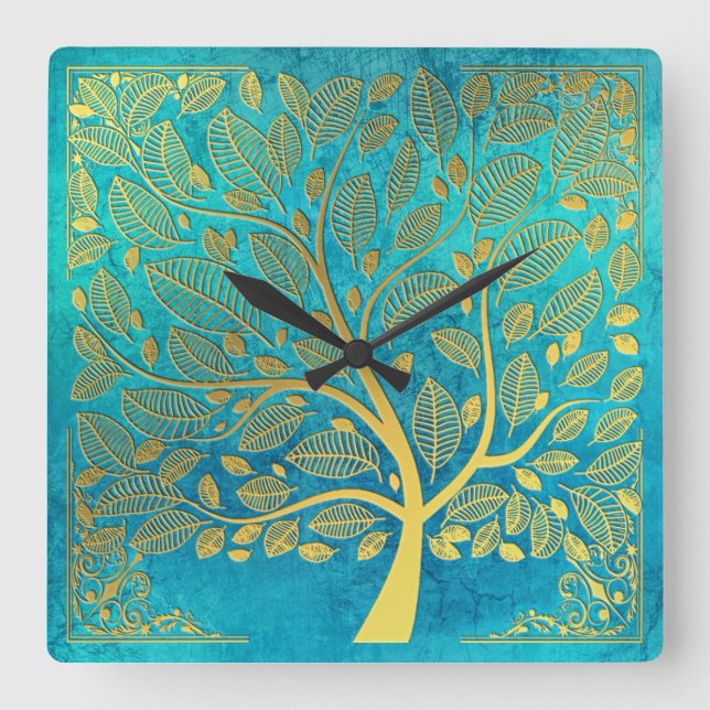 Turquoise Blue and Gold Tree Of Life Square Wall Clock (Front)