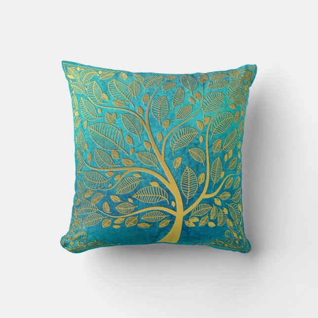 Turquoise Blue and Gold Tree Of Life Throw Pillow (Front)