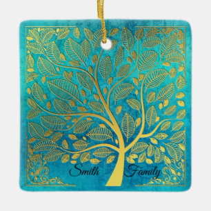 Turquoise Blue and Gold Tree *personalize* Ceramic Ornament
