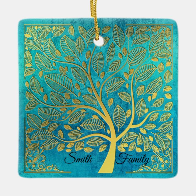 Turquoise Blue and Gold Tree *personalize* Ceramic Ornament (Front)