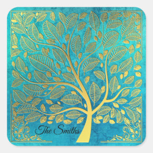 Turquoise Blue and Gold Tree *Personalize* Square Sticker