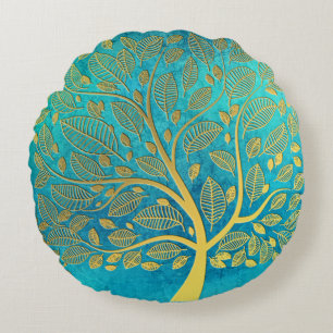 Turquoise Blue and Gold Tree Round Pillow