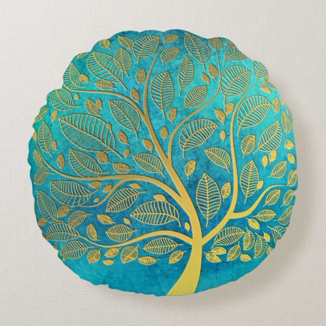 Turquoise Blue and Gold Tree  Round Pillow (Front)