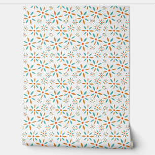 Turquoise Blue And Orange Retro Flower Pattern Wallpaper