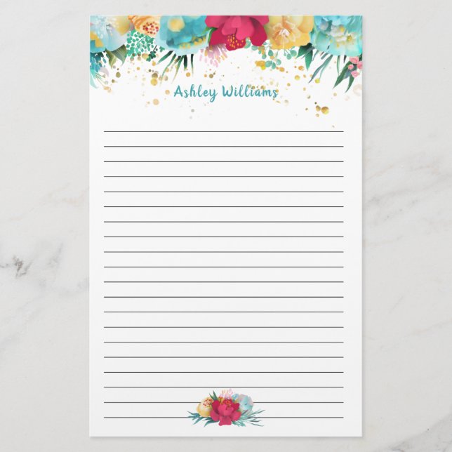 Turquoise Blue and Pink Floral Personalized Lined Stationery (Front)