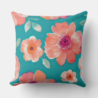 turquoise Blue and Pink Floral Watercolor Throw Pillow