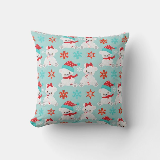 Turquoise Blue and Red Christmas Bears  Pillow (Front)