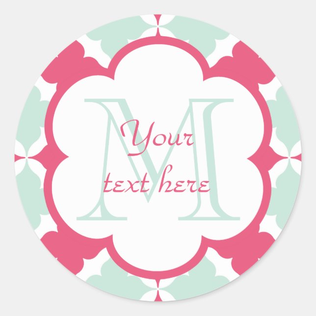 Turquoise Blue and Rose red tile pattern monogram Classic Round Sticker (Front)