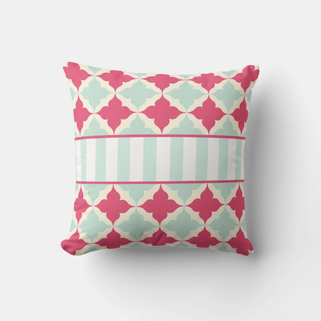 Turquoise Blue and Rose red tile pattern monogram Throw Pillow (Front)