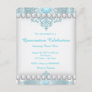 Turquoise Blue and Silver Diamond Quinceañera Invitation