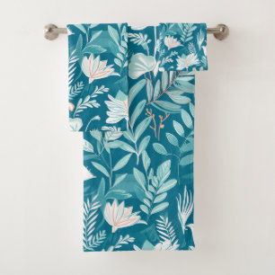 Turquoise Blue and White Floral Elegant Pattern Bath Towel Set
