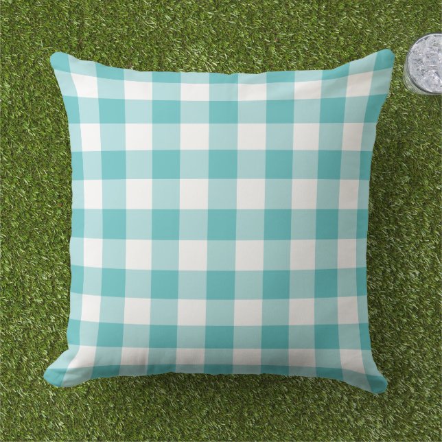 Turquoise Blue and White Gingham Plaid Pattern Outdoor Pillow (Grass)