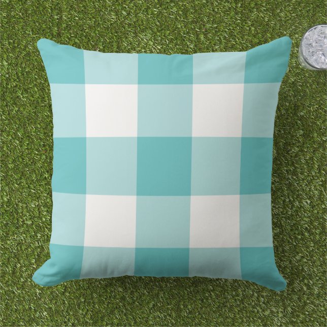 Turquoise Blue and White Gingham Plaid Pattern Outdoor Pillow (Grass)