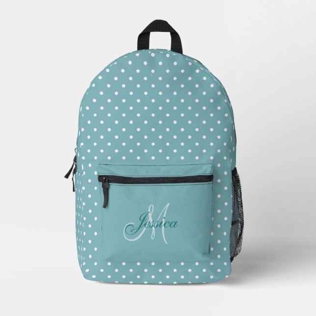 Turquoise Blue and White Polka Dots - Personalized Printed Backpack (Front)