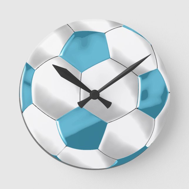 Turquoise Blue and White Soccer Ball Round Clock (Front)