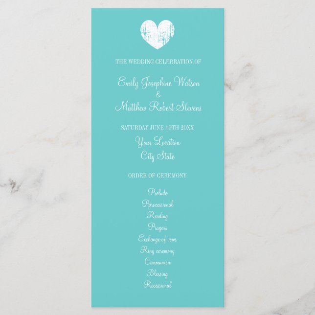 Turquoise blue and white wedding ceremony program (Front)