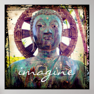 Turquoise Blue Antique Buddha Photo Imagine Script Poster
