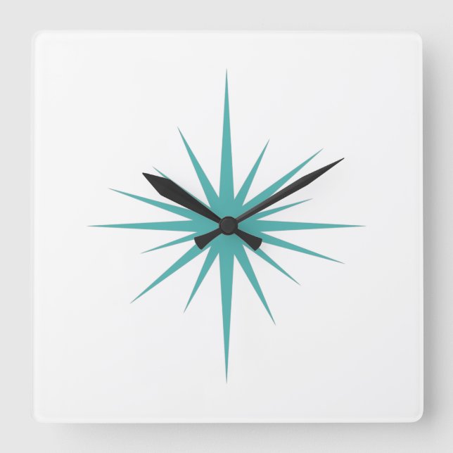 Turquoise Blue Atomic Starburst Mid Century Modern Square Wall Clock (Front)
