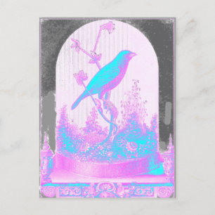 Turquoise Blue Bird, pale pink, purple, black Postcard