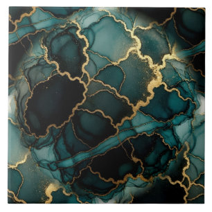 Turquoise Blue, Black and Gold Alcohol Ink Tile