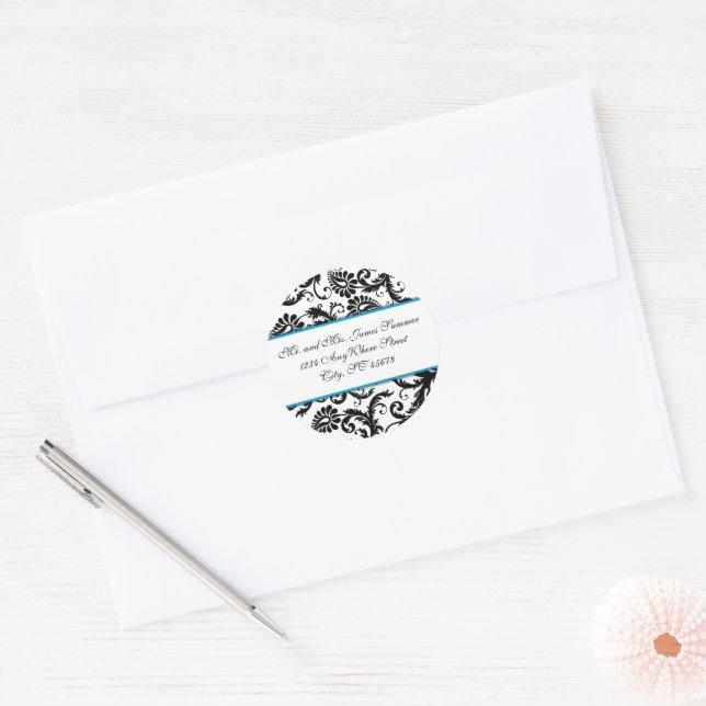 Turquoise Blue Black Damask Adresse Stickers de ma (Enveloppe)