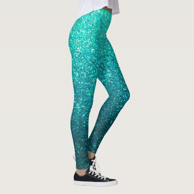 Turquoise Blue Black Glitter Ombre Sparkles Yoga Leggings (Right)