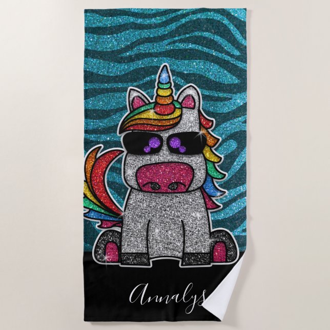 Turquoise Blue Black Glitter Rainbow Unicorn Zebra Beach Towel (Front)