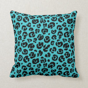 Turquoise Blue Black Leopard Print Throw Pillow