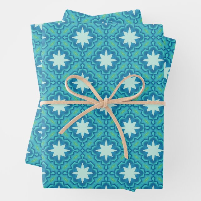 Turquoise Blue Boho Star Pattern Wrapping Paper Sheet (In situ)