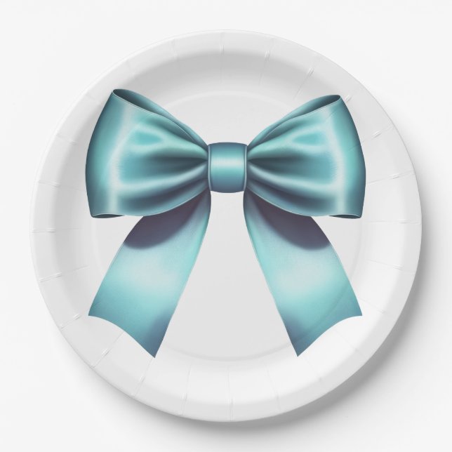Turquoise Blue Bow Elegant Bridal Shower Wedding Paper Plate (Front)