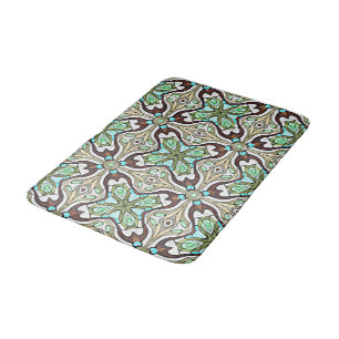 Turquoise Blue Brown Retro Nouveau Deco Pattern Bath Mat