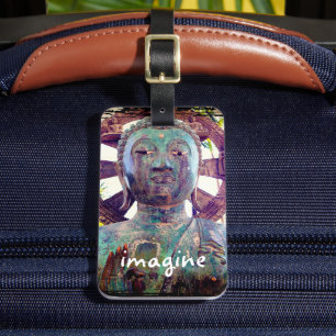 Turquoise Blue Buddha Photo Imagine Script Antique Luggage Tag