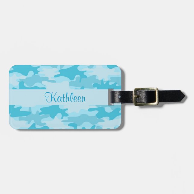 Turquoise Blue Camo Camouflage Name Personalized Luggage Tag (Front Horizontal)