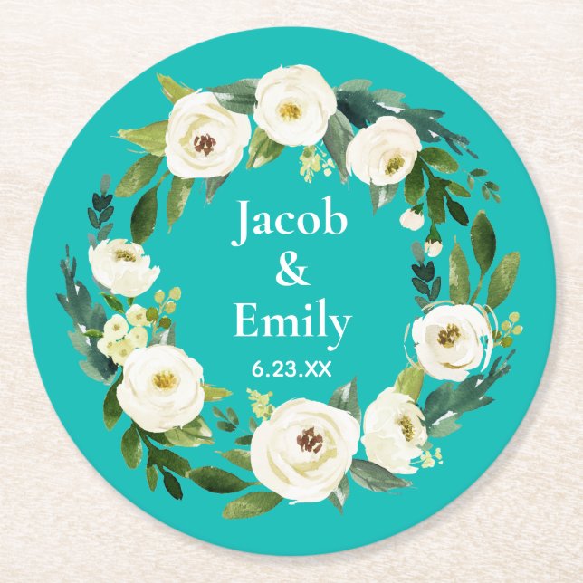 Turquoise Blue Chic Greenery Personalized Wedding Round Paper Coaster (Front)