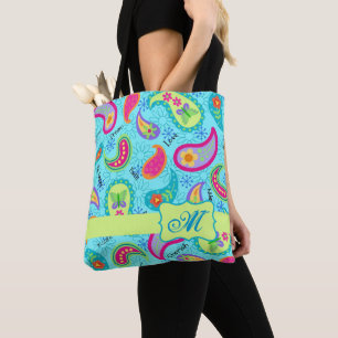 Turquoise Blue Colourful Modern Paisley Monogram Tote Bag