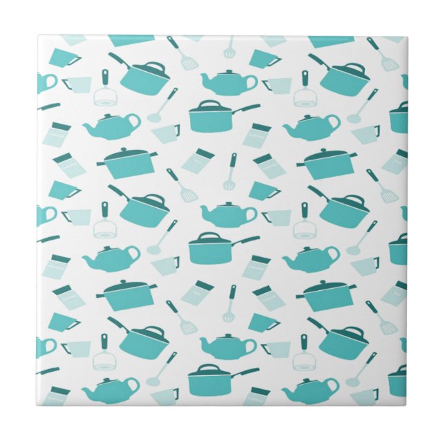Turquoise Blue Cooking Kitchen Utensils Abstract Tile (Front)