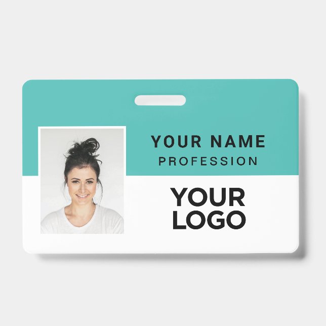 Turquoise Blue Corporate Employee Photo Name Tag Badge (Front)