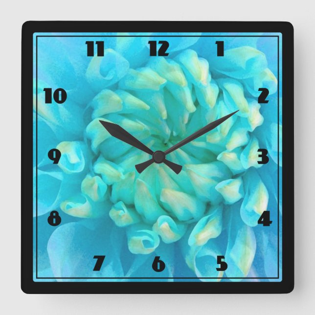Turquoise Blue Dahlia Flower in Watercolor Square Wall Clock (Front)
