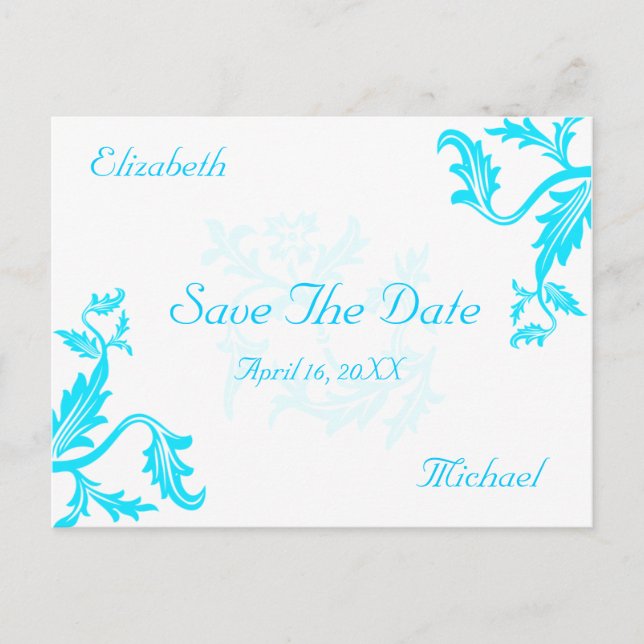 Turquoise Blue Damask Leaf Print Save The Date Announcement Postcard (Front)