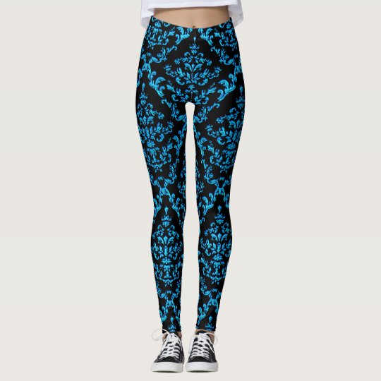 Turquoise Blue Damask Pattern On Black Leggings